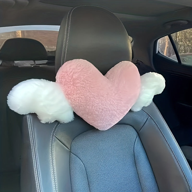 [2pcs Comfortable Heart-Shaped Pillows] 2pcs Plush Heart-Shaped Car Headrest Pillows with Angel Wings - Comfortable Neck Support Cushions for Car Seats - Fashionable Fabric Interior Car Accessories for Women