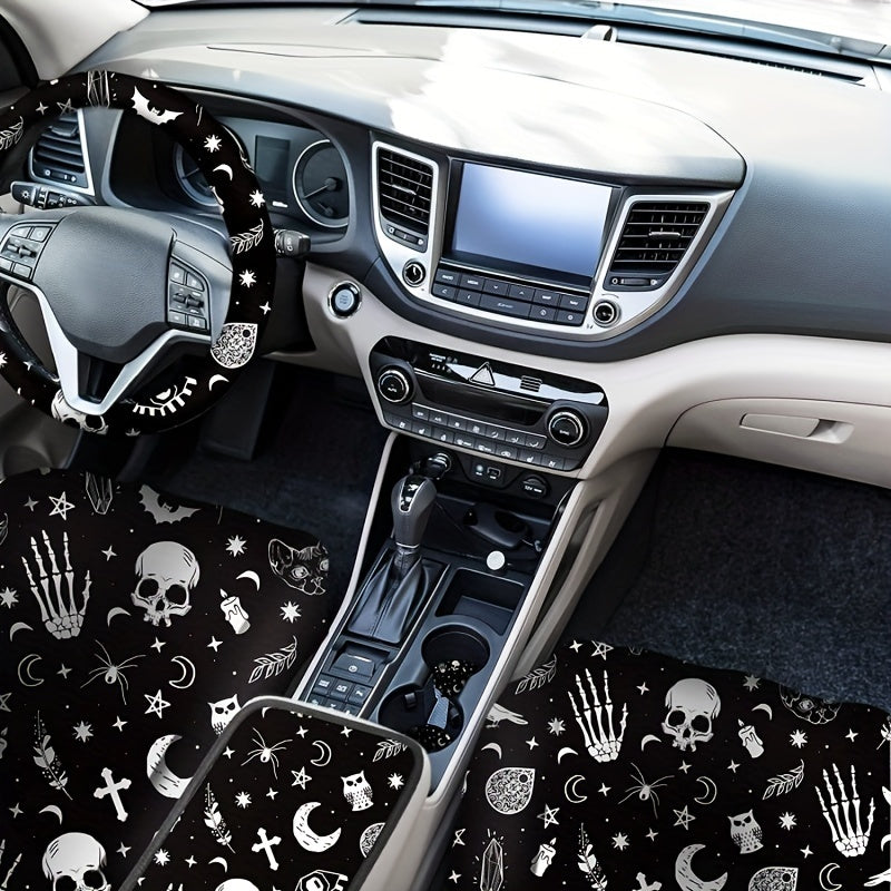 15pcs Complete Skull Cat Car Accessories Set - Premium Seat Covers, Steering Wheel Cover, Wrist Rest, Cup Cushion, Armrest, and Shoulder Pad - Universal Fit, Durable, and Easy to Install