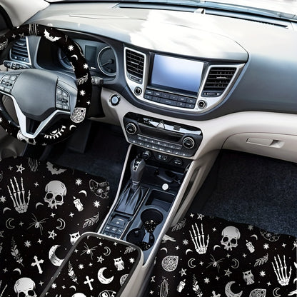 15pcs Complete Skull Cat Car Accessories Set - Premium Seat Covers, Steering Wheel Cover, Wrist Rest, Cup Cushion, Armrest, and Shoulder Pad - Universal Fit, Durable, and Easy to Install