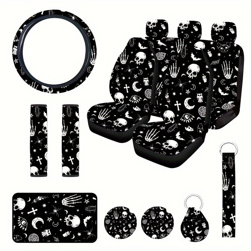 15pcs Complete Skull Cat Car Accessories Set - Premium Seat Covers, Steering Wheel Cover, Wrist Rest, Cup Cushion, Armrest, and Shoulder Pad - Universal Fit, Durable, and Easy to Install