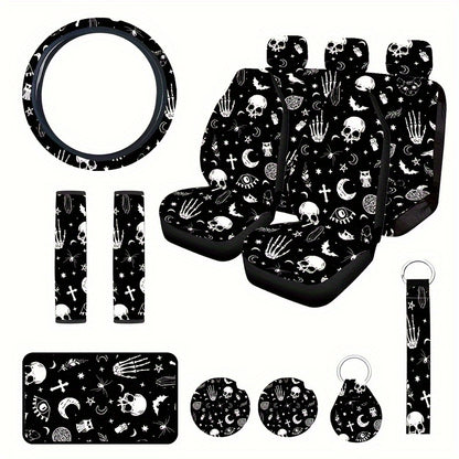 15pcs Complete Skull Cat Car Accessories Set - Premium Seat Covers, Steering Wheel Cover, Wrist Rest, Cup Cushion, Armrest, and Shoulder Pad - Universal Fit, Durable, and Easy to Install