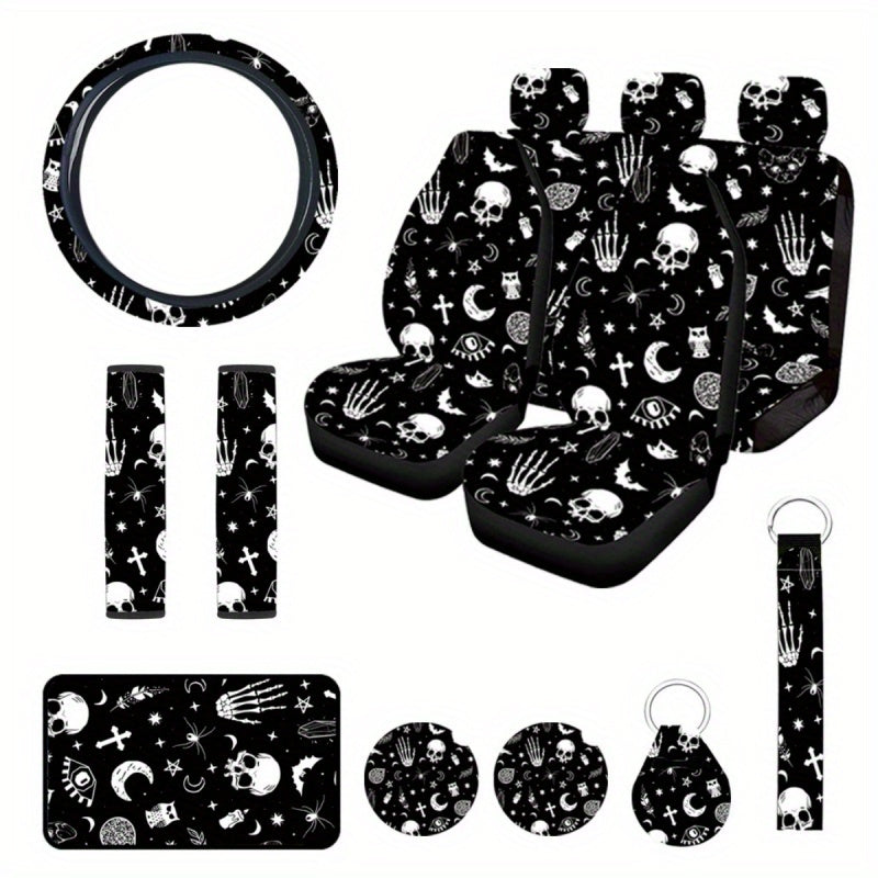 15pcs Complete Skull Cat Car Accessories Set - Premium Seat Covers, Steering Wheel Cover, Wrist Rest, Cup Cushion, Armrest, and Shoulder Pad - Universal Fit, Durable, and Easy to Install