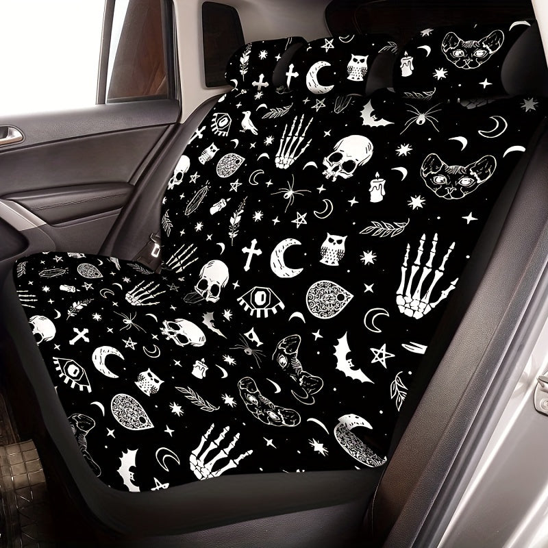 15pcs Complete Skull Cat Car Accessories Set - Premium Seat Covers, Steering Wheel Cover, Wrist Rest, Cup Cushion, Armrest, and Shoulder Pad - Universal Fit, Durable, and Easy to Install