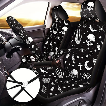 15pcs Complete Skull Cat Car Accessories Set - Premium Seat Covers, Steering Wheel Cover, Wrist Rest, Cup Cushion, Armrest, and Shoulder Pad - Universal Fit, Durable, and Easy to Install