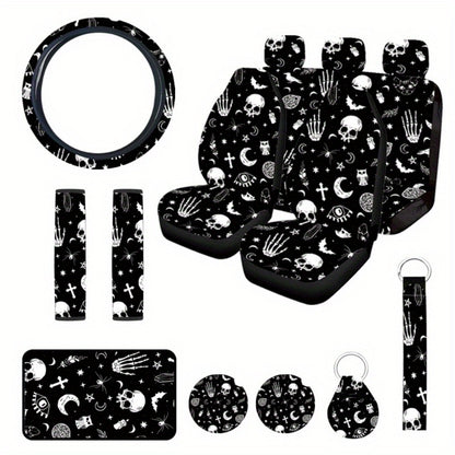 15pcs Complete Skull Cat Car Accessories Set - Premium Seat Covers, Steering Wheel Cover, Wrist Rest, Cup Cushion, Armrest, and Shoulder Pad - Universal Fit, Durable, and Easy to Install