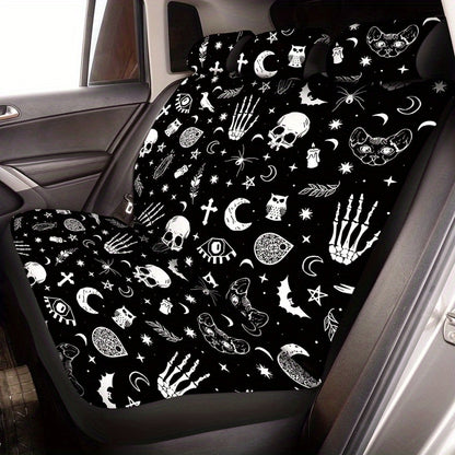 15pcs Complete Skull Cat Car Accessories Set - Premium Seat Covers, Steering Wheel Cover, Wrist Rest, Cup Cushion, Armrest, and Shoulder Pad - Universal Fit, Durable, and Easy to Install