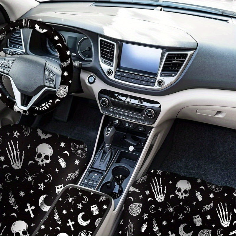 15pcs Complete Skull Cat Car Accessories Set - Premium Seat Covers, Steering Wheel Cover, Wrist Rest, Cup Cushion, Armrest, and Shoulder Pad - Universal Fit, Durable, and Easy to Install