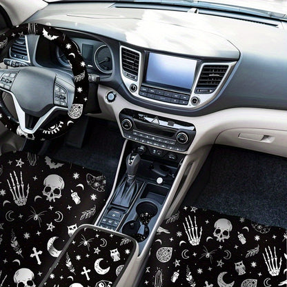 15pcs Complete Skull Cat Car Accessories Set - Premium Seat Covers, Steering Wheel Cover, Wrist Rest, Cup Cushion, Armrest, and Shoulder Pad - Universal Fit, Durable, and Easy to Install