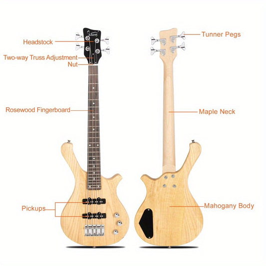 36in 4-String Rosewood Fingerboard Bass Guitar - Single Pickup, Basswood Body, Original Wood Color, Full-Size, Right-Handed, Perfect for Beginners and Intermediate Players