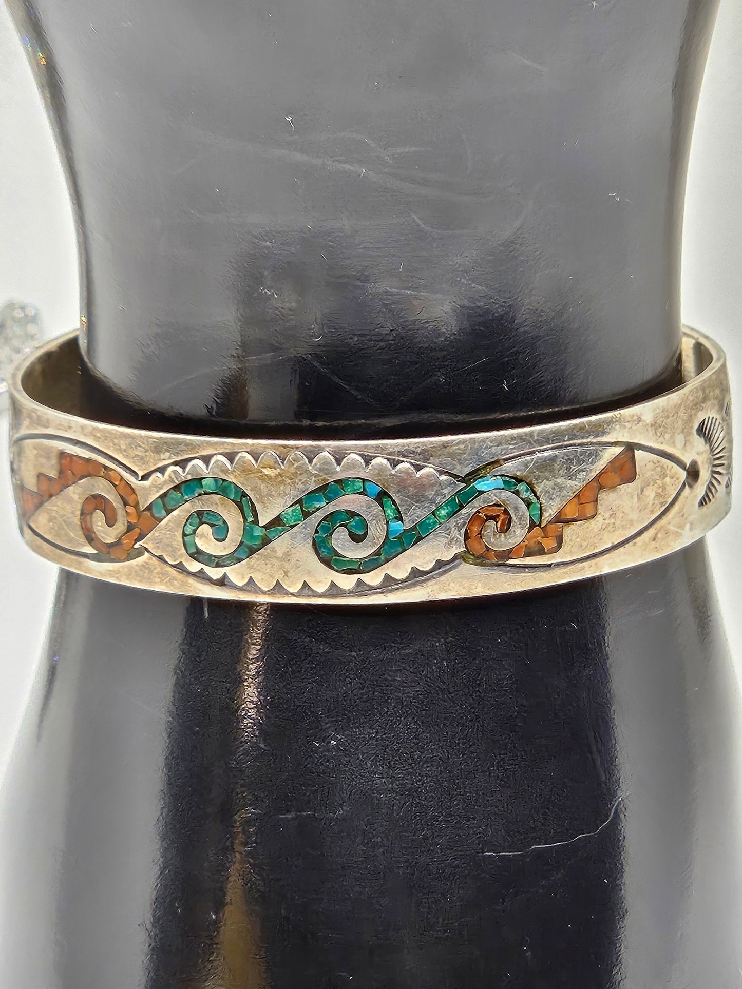 Old Native American Vintage Sterling Silver Jewelry Cuff Turquoise Inlay