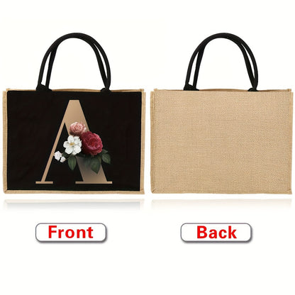 Women'S Reusable Jute Tote Bags with Floral Print - Large Capacity Shopping Bags, Black with Golden Letters (K, M, I, N), Durable Shoulder Bags for Groceries & Shopping, Shopping Bag|Decorative Tote|Durable Handle, Tote Bag