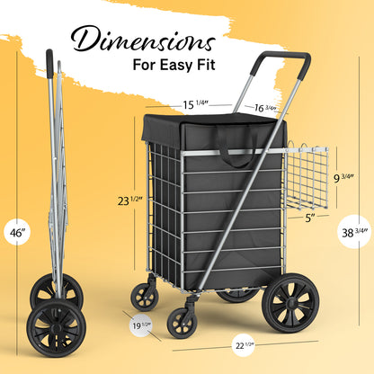 Extra Large Shopping Cart w/ 360 Swivel Wheels & Waterproof Basket Liner for Groceries, Shopping Laundry - Foldable Collapsible & Lightweight - Extra Large Heavy Duty Utility Cart
