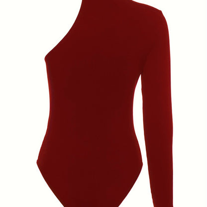 Chic Asymmetric One Shoulder Ribbed Knit Bodysuit - Long Sleeve, Sexy Style for Fall Winter - Form-Fitting, Versatile One Piece Womens Clothing