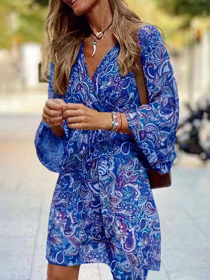 Chic Paisley Print Drawstring Dress - Alluring Surplice Neckline & Adjustable Long Sleeves - Figure-Flattering Womens Clothing for Versatile Style