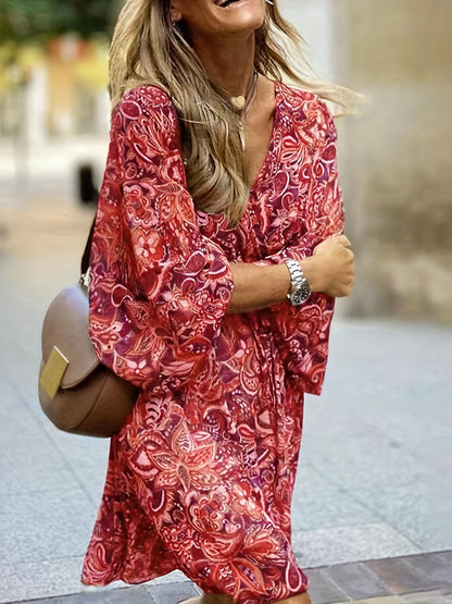 Chic Paisley Print Drawstring Dress - Alluring Surplice Neckline & Adjustable Long Sleeves - Figure-Flattering Womens Clothing for Versatile Style