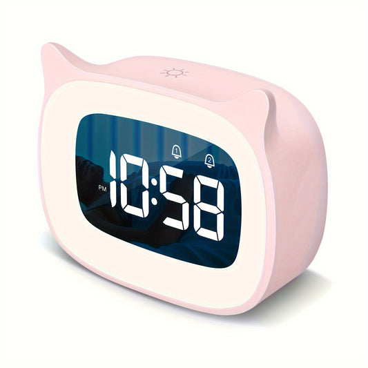 1pc Cute Cat Ear Alarm Clock - Rechargeable Digital Clock with Night Light, 18 Ringtones, and Pink Color for Teens' Bedroom