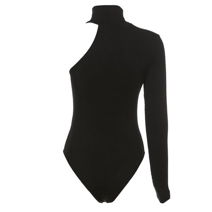 Chic Asymmetric One Shoulder Ribbed Knit Bodysuit - Long Sleeve, Sexy Style for Fall Winter - Form-Fitting, Versatile One Piece Womens Clothing