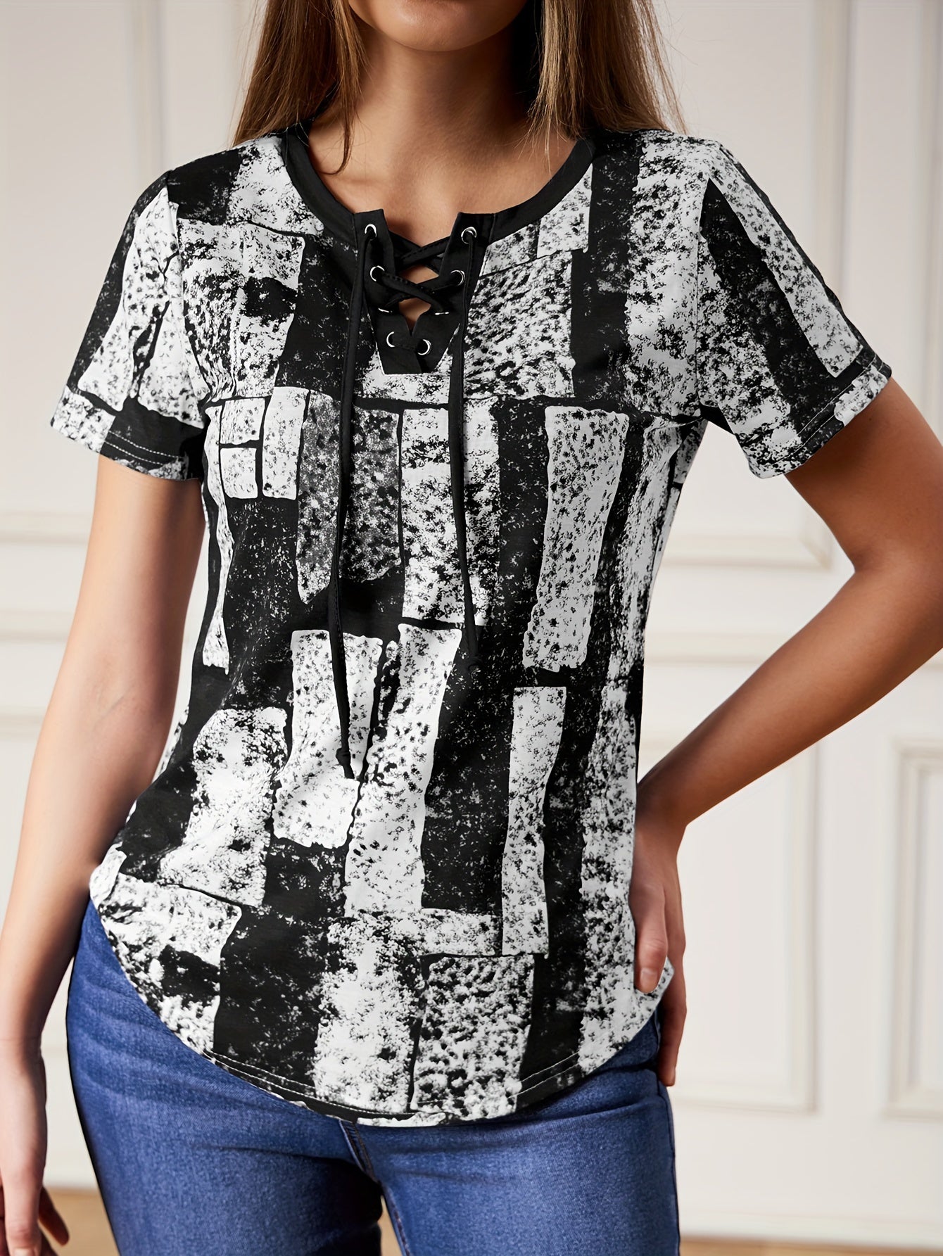 Vibrant Graphic Lace Up V Neck T-shirt - Short Sleeve, Adjustable Closure, Flattering Neckline, Perfect for Casual Summer Wear - Womens Clothing, Graphic Print Design, Ideal for Warm Weather