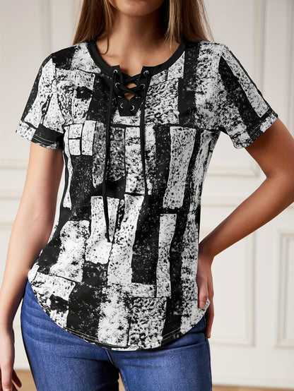Vibrant Graphic Lace Up V Neck T-shirt - Short Sleeve, Adjustable Closure, Flattering Neckline, Perfect for Casual Summer Wear - Womens Clothing, Graphic Print Design, Ideal for Warm Weather