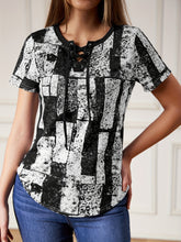 Load image into Gallery viewer, Vibrant Graphic Lace Up V Neck T-shirt - Short Sleeve, Adjustable Closure, Flattering Neckline, Perfect for Casual Summer Wear - Womens Clothing, Graphic Print Design, Ideal for Warm Weather
