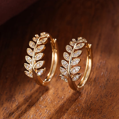 Leaf-Shaped Hoop Huggie Earrings Inlaid zirconia 18K Gold Plated Holiday Jewelry For Women Girls 1Pair