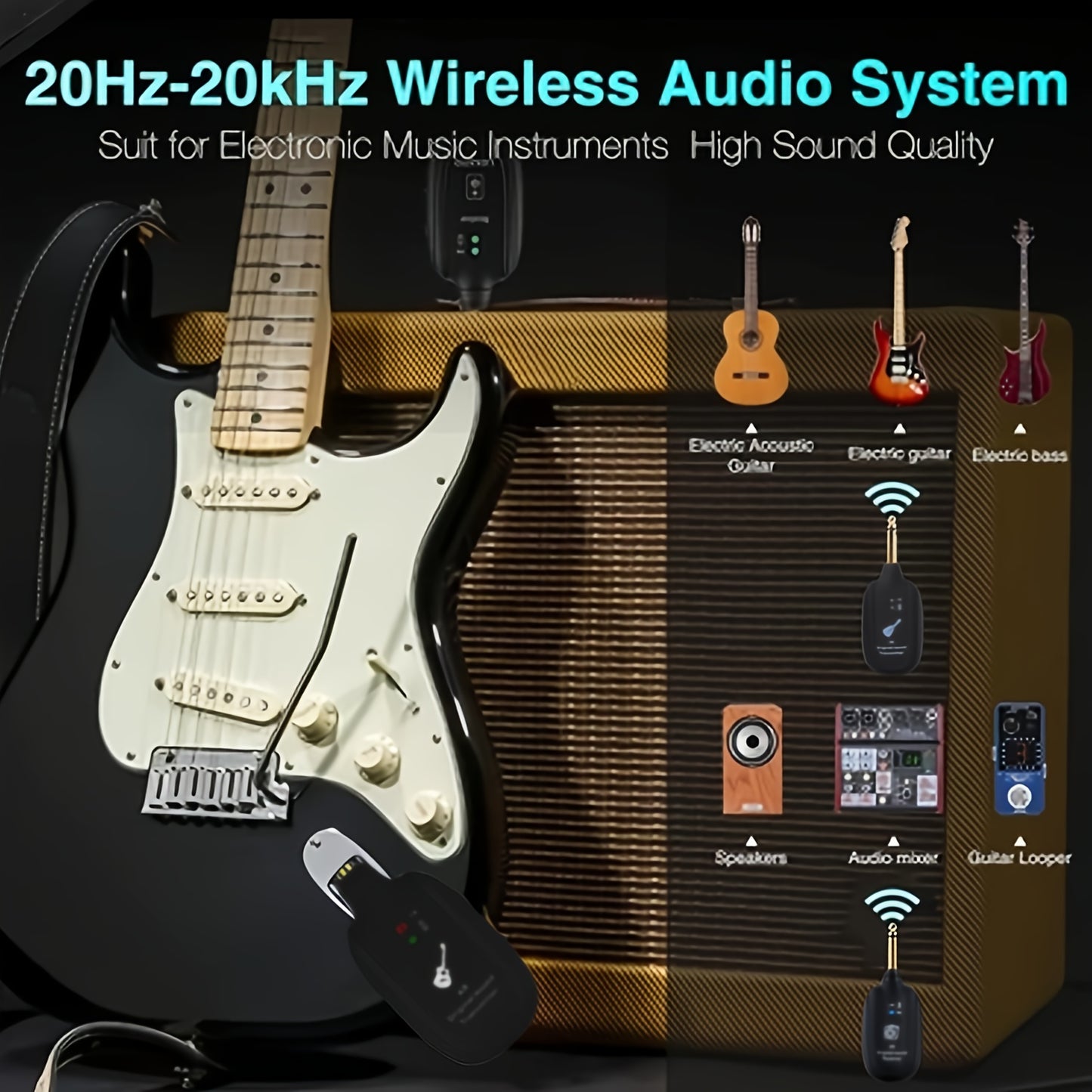 2-Mode A8 Wireless Guitar System with Built-in Rechargeable Lithium Battery, Audio Wireless Transmitter and Receiver for Acoustic Guitar, Bass, Violin, Keyboard, Electric Instruments - Black