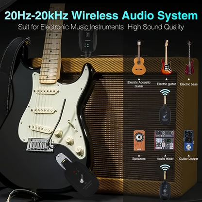 2-Mode A8 Wireless Guitar System with Built-in Rechargeable Lithium Battery, Audio Wireless Transmitter and Receiver for Acoustic Guitar, Bass, Violin, Keyboard, Electric Instruments - Black
