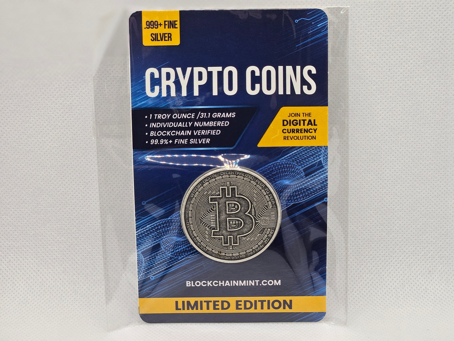 1oz Silver .999 Fine Silver Bitcoin Silver Round in Original Card .999 Silver Round 1 oz Crypto Coin