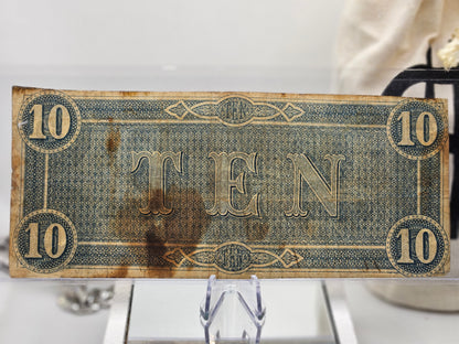 1864 CONFEDERATE STATES AMERICA CURRENCY $10 Dollar Note W/ Possible Blood on it