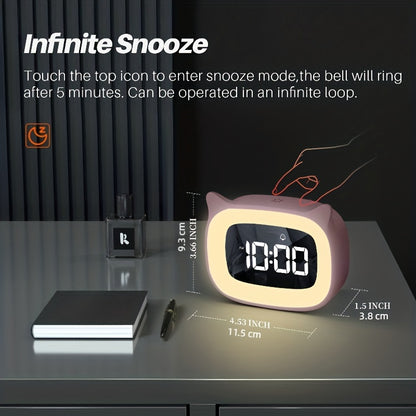 1pc Cute Cat Ear Alarm Clock - Rechargeable Digital Clock with Night Light, 18 Ringtones, and Pink Color for Teens' Bedroom