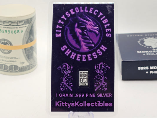1 Grain Pure Silver Bar in Colored Card Assay Dragon .999 Branded Silver Bars