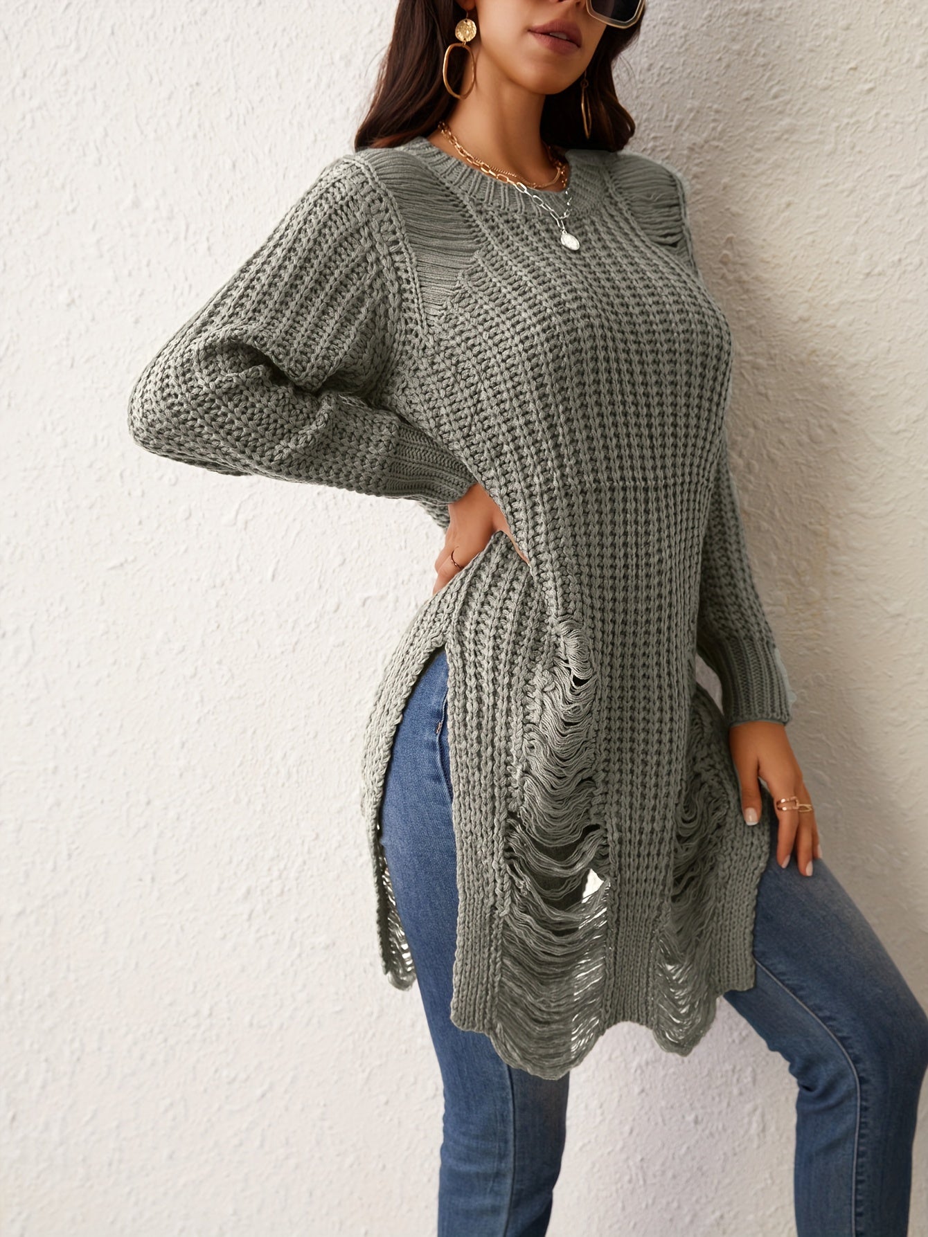 Solid Crew Neck Ripped Split Pullover Sweater - Soft Micro Elastic Acrylic Knit Fabric, Sexy Long Sleeve Design, Hand Washable, Perfect for Fall & Winter Seasons - Womens Clothing