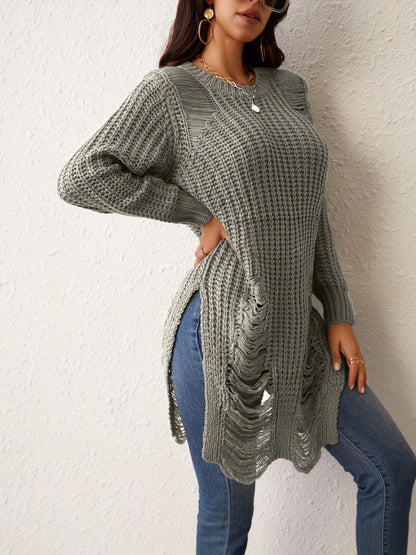 Solid Crew Neck Ripped Split Pullover Sweater - Soft Micro Elastic Acrylic Knit Fabric, Sexy Long Sleeve Design, Hand Washable, Perfect for Fall & Winter Seasons - Womens Clothing