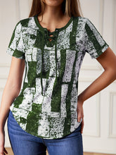 Load image into Gallery viewer, Vibrant Graphic Lace Up V Neck T-shirt - Short Sleeve, Adjustable Closure, Flattering Neckline, Perfect for Casual Summer Wear - Womens Clothing, Graphic Print Design, Ideal for Warm Weather
