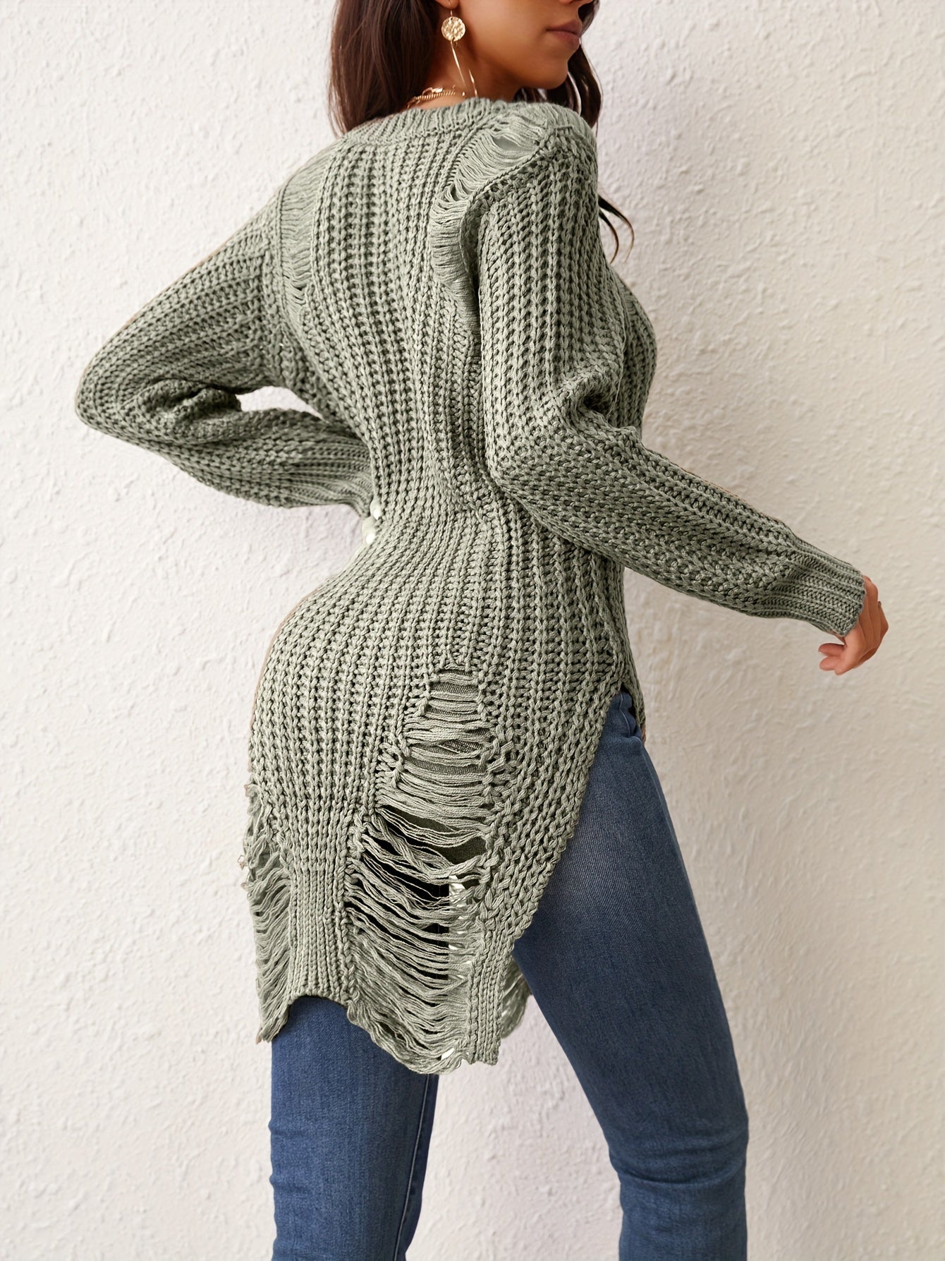 Solid Crew Neck Ripped Split Pullover Sweater - Soft Micro Elastic Acrylic Knit Fabric, Sexy Long Sleeve Design, Hand Washable, Perfect for Fall & Winter Seasons - Womens Clothing