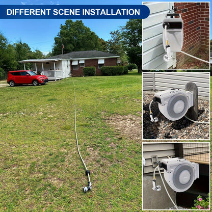 [105FT Retractable Garden Hose Reel] 105 FT X 1/2" Retractable Garden Hose Reel By HOZEREEL, Heavy Duty Outdoor Garden Hose Reels - Automatic Self Retract Wall Mount Hose Reel Enclosed Storage, Any Length Lock, 10 Pattern Noz