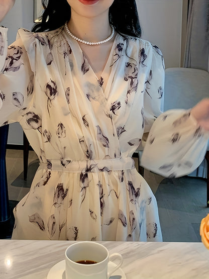 V-Neck Floral Print Chiffon Dress - Slim Waist, Long Sleeve, Elegant & Flowy - Fashion-Forward Womens Clothing for Any Season