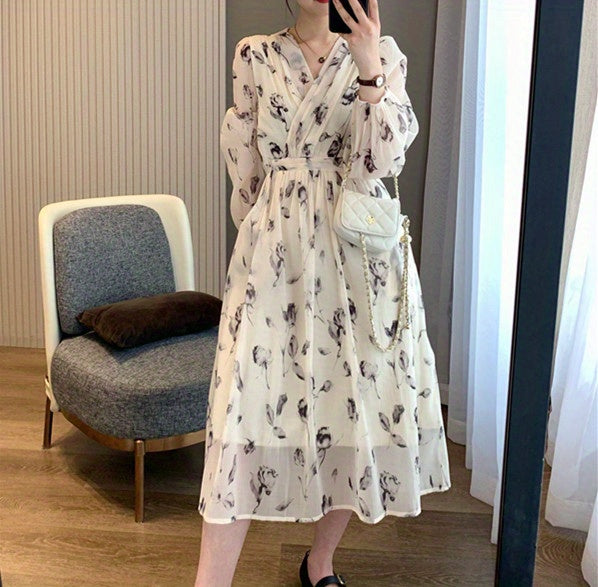 V-Neck Floral Print Chiffon Dress - Slim Waist, Long Sleeve, Elegant & Flowy - Fashion-Forward Womens Clothing for Any Season