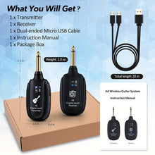 Load image into Gallery viewer, 2-Mode A8 Wireless Guitar System with Built-in Rechargeable Lithium Battery, Audio Wireless Transmitter and Receiver for Acoustic Guitar, Bass, Violin, Keyboard, Electric Instruments - Black
