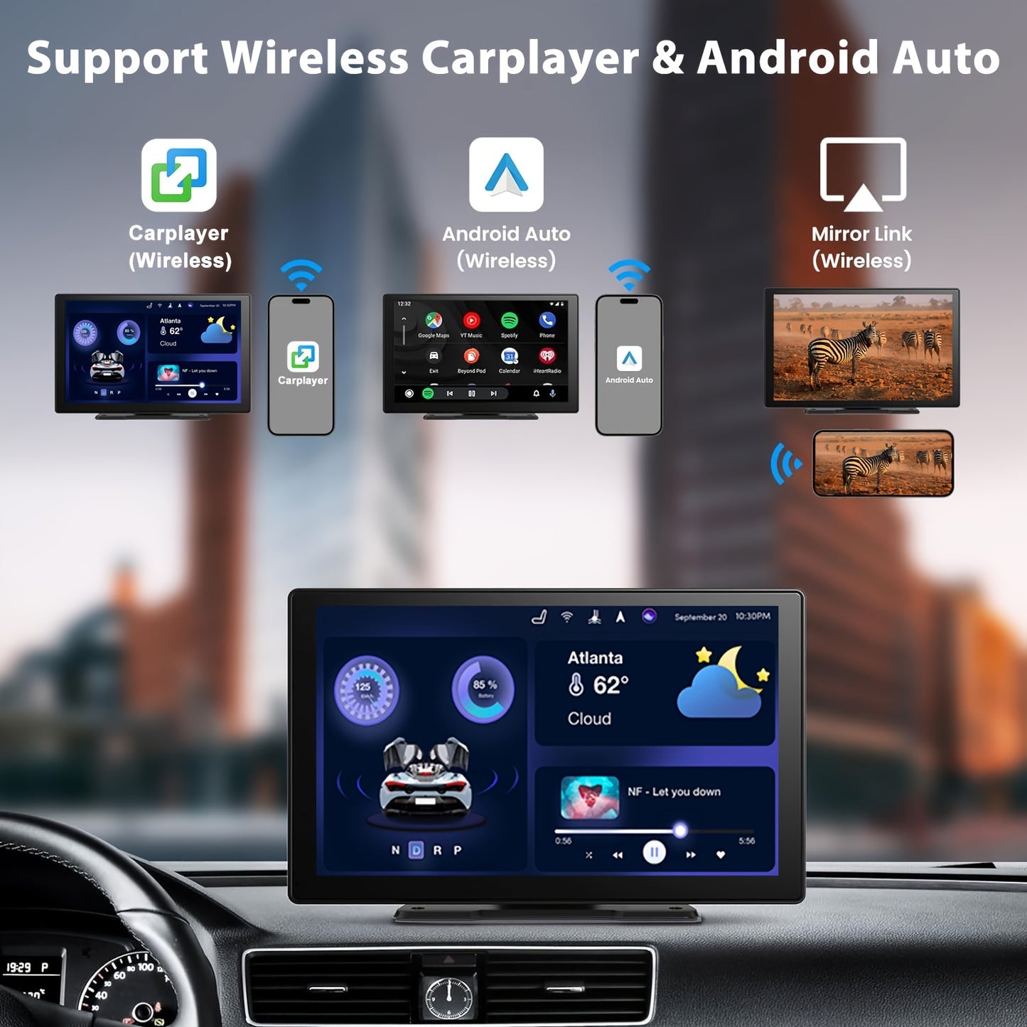 9 Inch Portable Car Stereo, Wireless Car Touch Screen Android Auto With 2.5K Dash Cam, 1080P Backup Camera, Car Audio Receiver With Mirror Link/GPS Navigation/FM