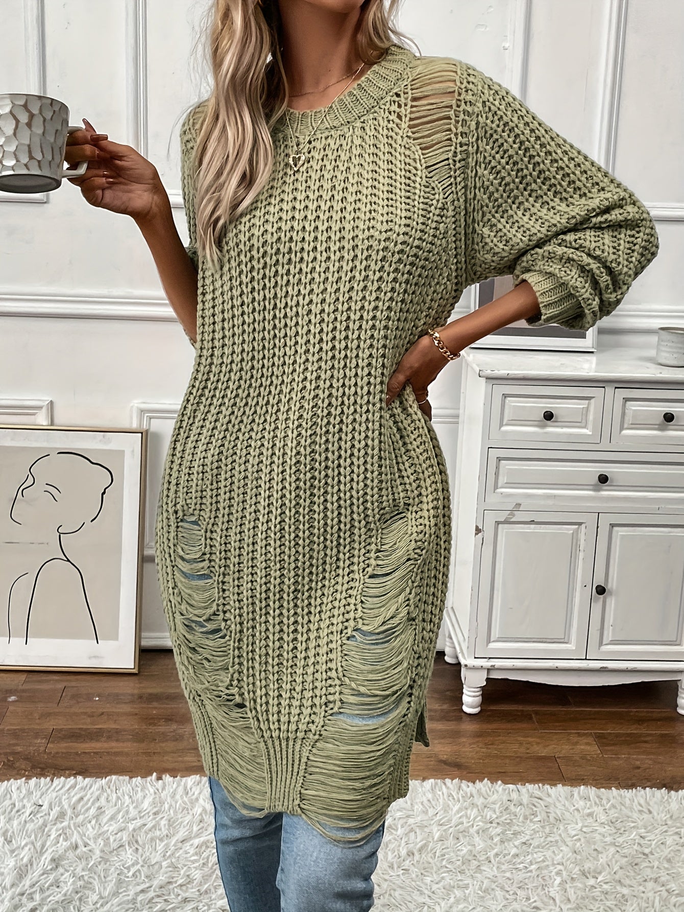 Solid Crew Neck Ripped Split Pullover Sweater - Soft Micro Elastic Acrylic Knit Fabric, Sexy Long Sleeve Design, Hand Washable, Perfect for Fall & Winter Seasons - Womens Clothing