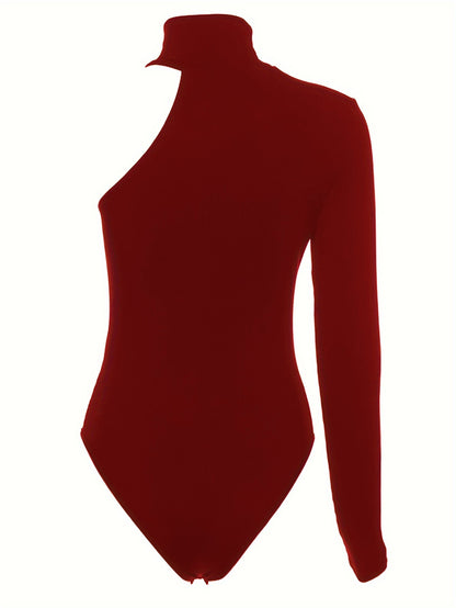 Chic Asymmetric One Shoulder Ribbed Knit Bodysuit - Long Sleeve, Sexy Style for Fall Winter - Form-Fitting, Versatile One Piece Womens Clothing