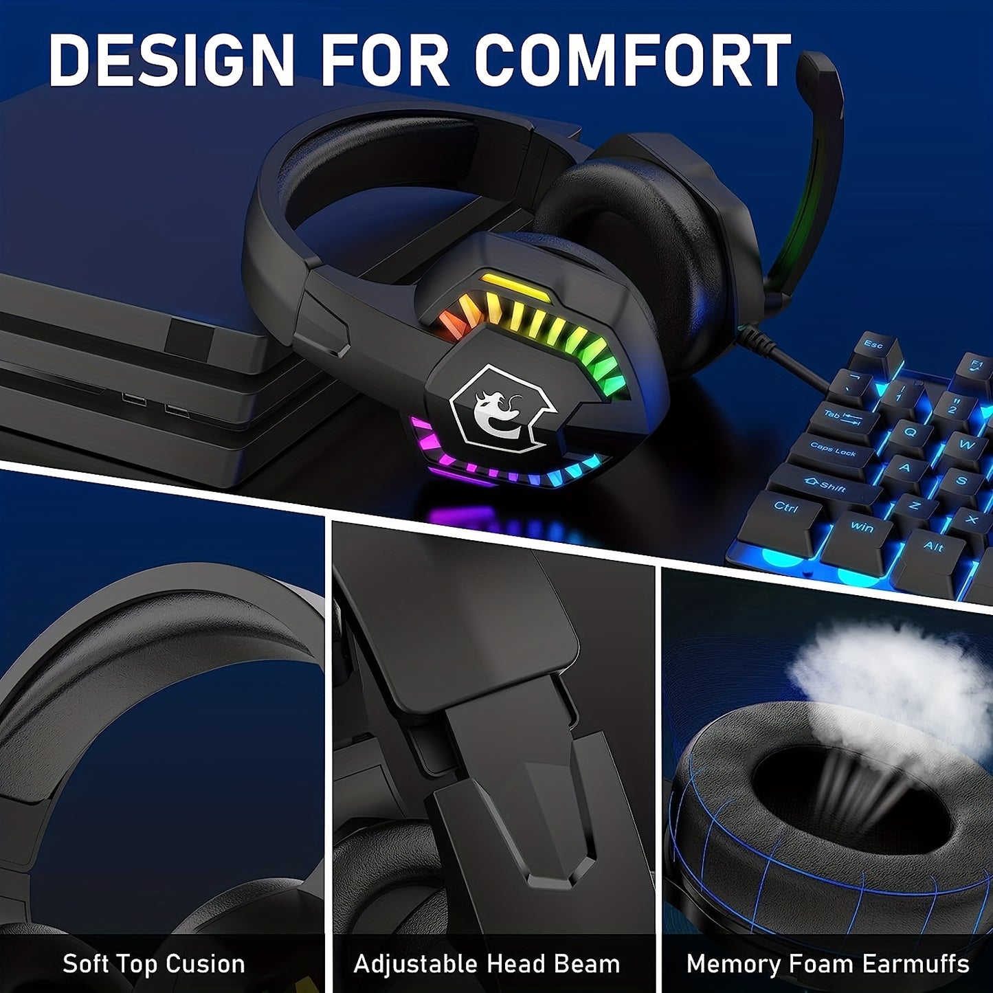 Rainbow LED Illuminated Gaming Keyboard Set - Keyboard & Mouse Combos with 104 Keys, 2400DPI 6-Button Optical Mouse, and 3.5mm Wired Headset with Mic, Plus RGB Computer Speaker for PS4, Xbox, PC, and Laptop