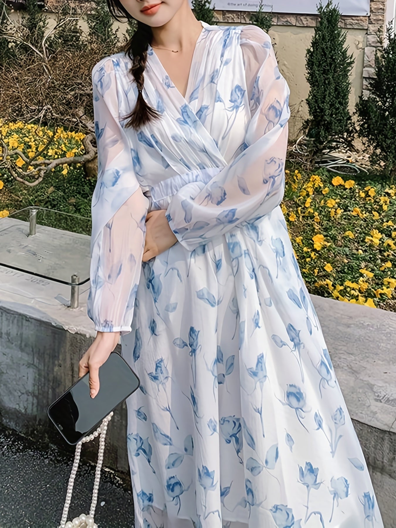 V-Neck Floral Print Chiffon Dress - Slim Waist, Long Sleeve, Elegant & Flowy - Fashion-Forward Womens Clothing for Any Season