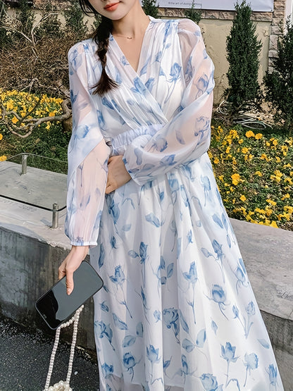 V-Neck Floral Print Chiffon Dress - Slim Waist, Long Sleeve, Elegant & Flowy - Fashion-Forward Womens Clothing for Any Season