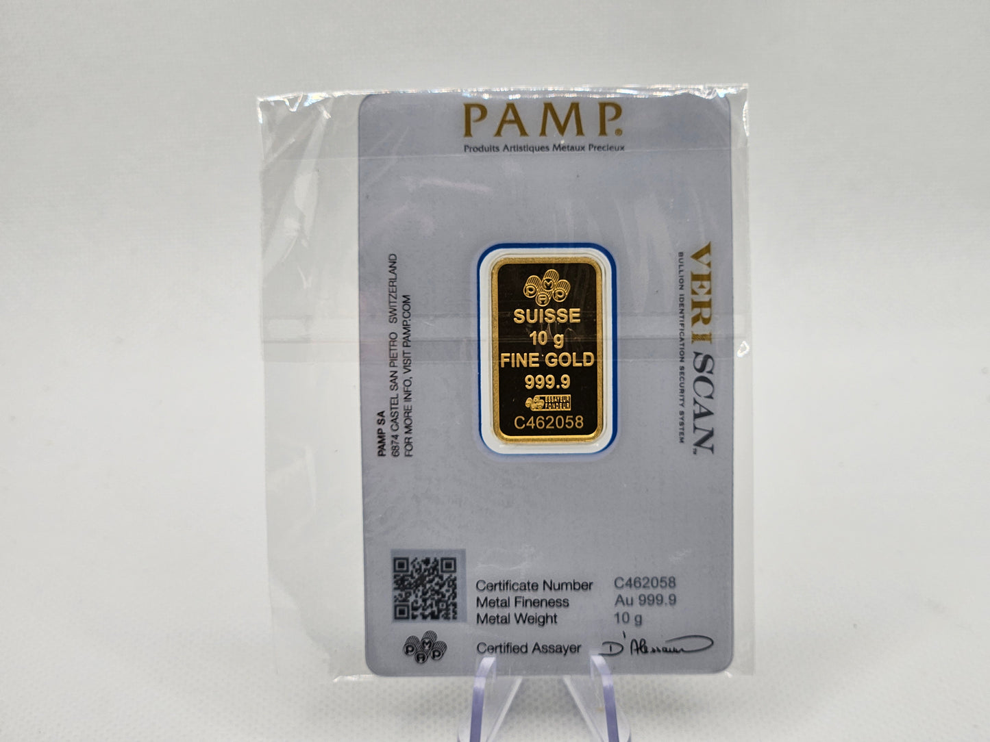 10 gram Gold Pamp Swiss Bar w/ Assay 10 Grams of Gold