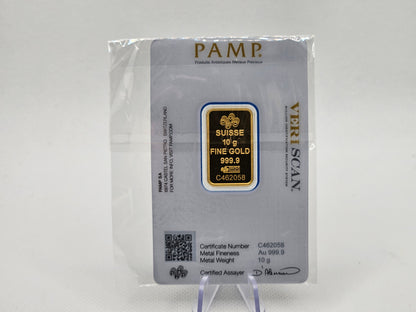 10 gram Gold Pamp Swiss Bar w/ Assay 10 Grams of Gold