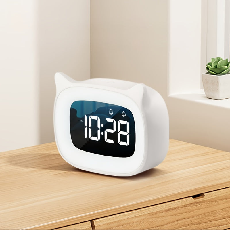 1pc Cute Cat Ear Alarm Clock - Rechargeable Digital Clock with Night Light, 18 Ringtones, and Pink Color for Teens' Bedroom