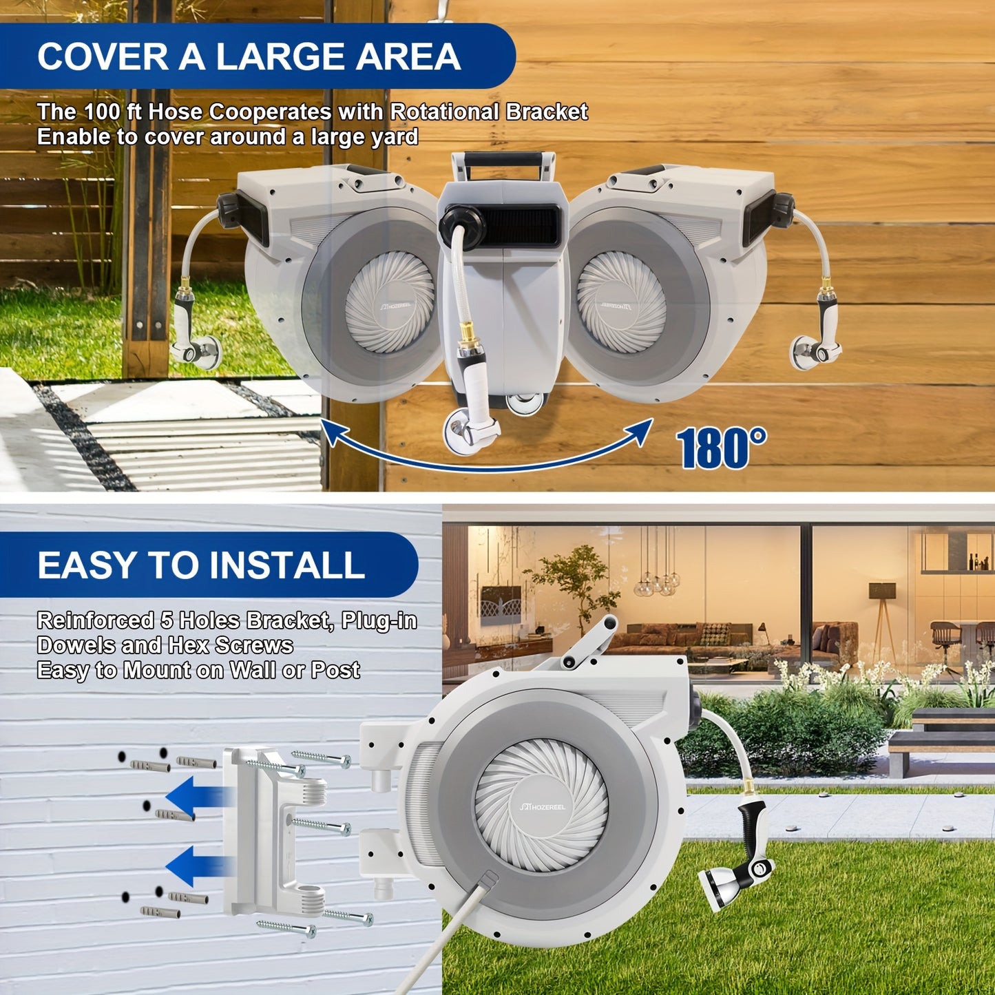 [105FT Retractable Garden Hose Reel] 105 FT X 1/2" Retractable Garden Hose Reel By HOZEREEL, Heavy Duty Outdoor Garden Hose Reels - Automatic Self Retract Wall Mount Hose Reel Enclosed Storage, Any Length Lock, 10 Pattern Noz