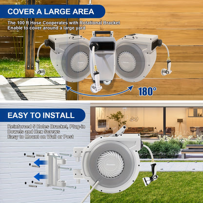 [105FT Retractable Garden Hose Reel] 105 FT X 1/2" Retractable Garden Hose Reel By HOZEREEL, Heavy Duty Outdoor Garden Hose Reels - Automatic Self Retract Wall Mount Hose Reel Enclosed Storage, Any Length Lock, 10 Pattern Noz